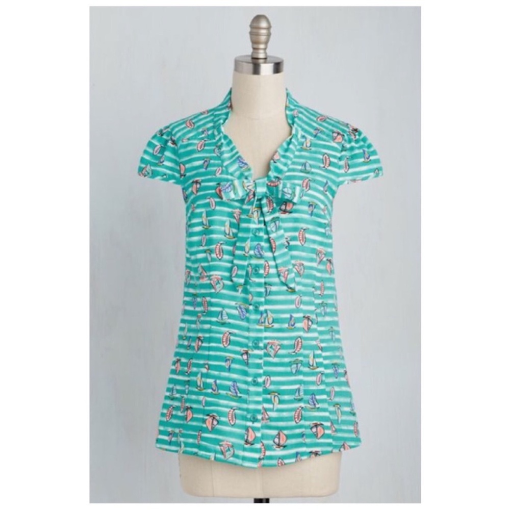 Modcloth Cap Sleeve Sailboat Nautical Blouse Shirt Sz Small